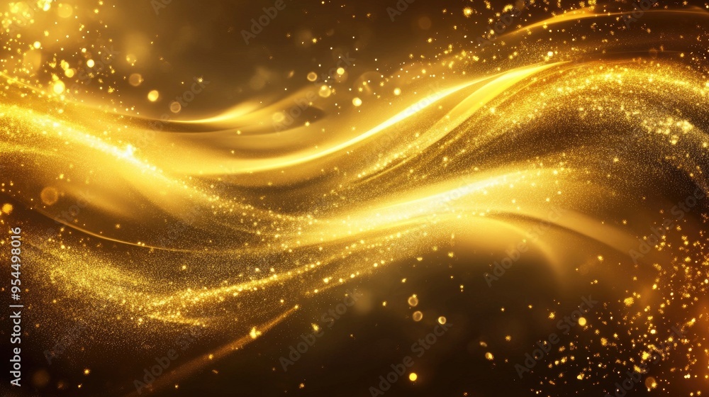 Poster elegant abstract background in gold featuring glitter and flowing waves enhanced by light rays and f