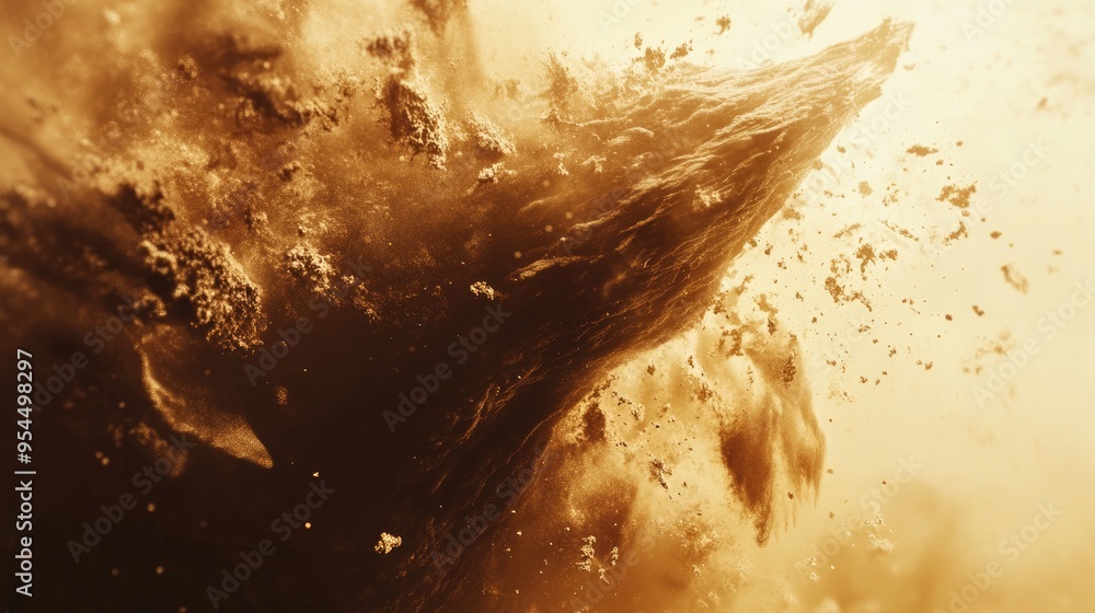 Poster futuristic flight traversing a digital landscape with brown dust particles creating an abstract visu