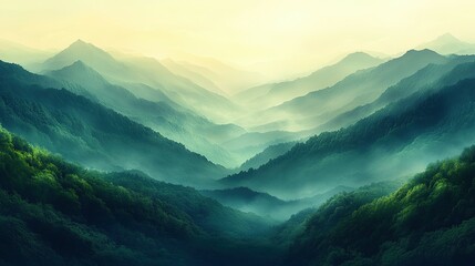 Fototapeta premium Foggy Mountain Landscape with Green Foliage