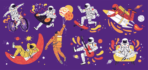 Vector set with astronauts sitting in lotus position, flying on a rocket and much more © sabelskaya
