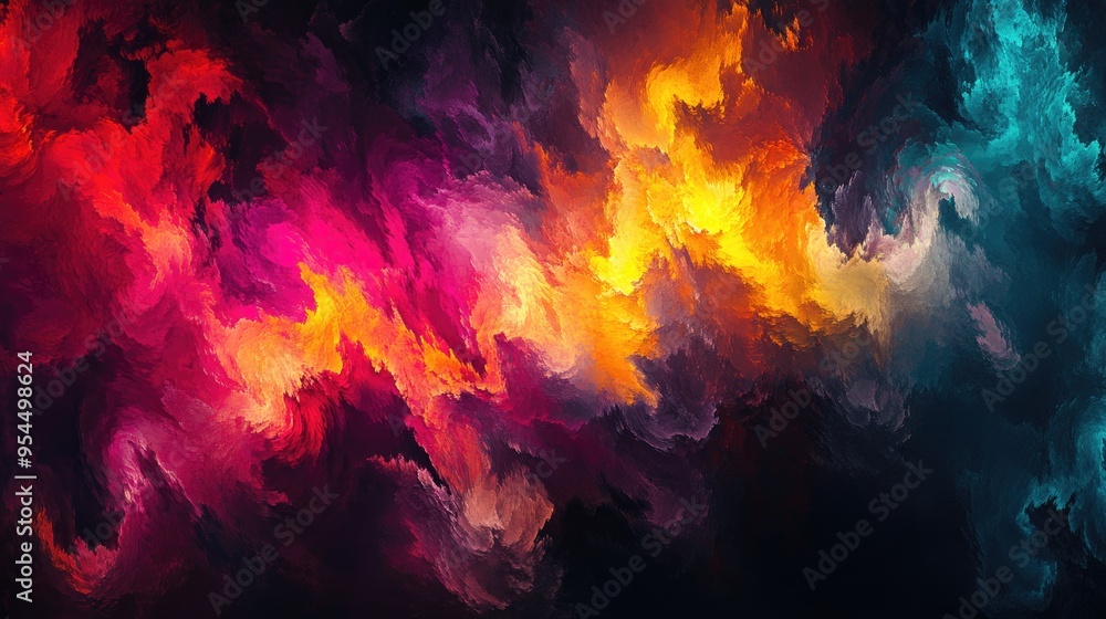 Poster vibrant multicolored computer generated artwork set against a dark background