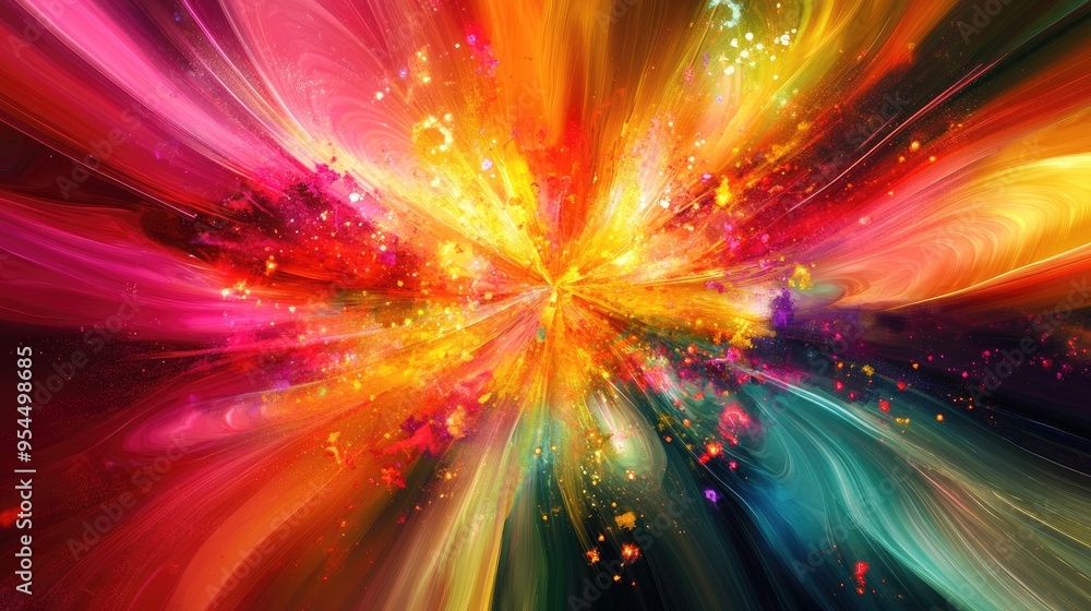 Poster vibrant abstract multicolor background featuring a fractal star explosion enhanced with glossy eleme