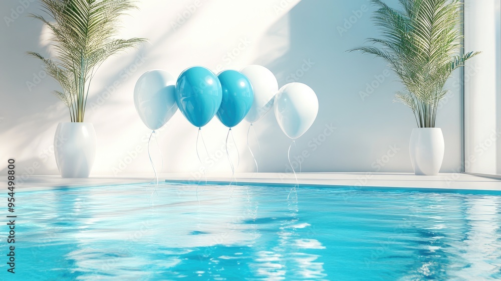 Aufkleber dreamy summer setting featuring glossy white and blue balloons floating in a pool 3d rendering