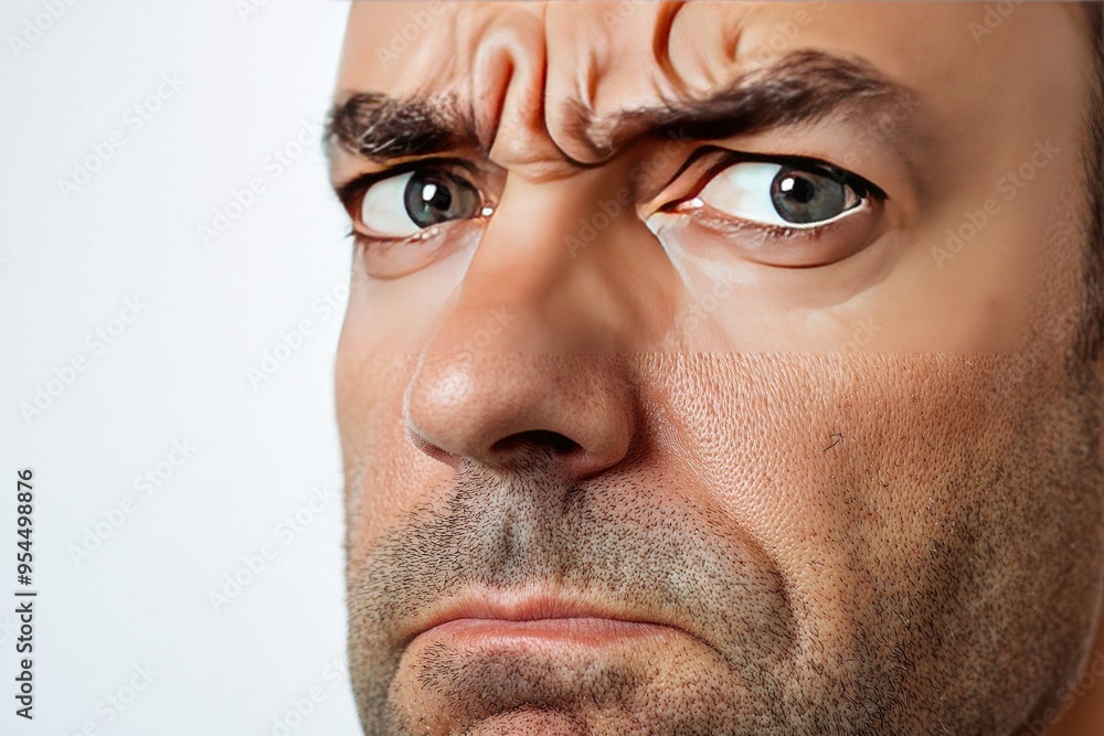 Poster a close-up portrait of a man with an intense expression, showcasing emotions of frustration and conc
