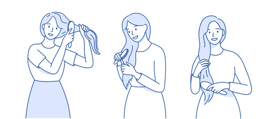 Happy young woman with healthy hair. Vector isolated illustration.