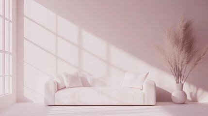 Minimalist living room mockup featuring a white sofa showcasing Scandinavian interior design in a 3D illustration