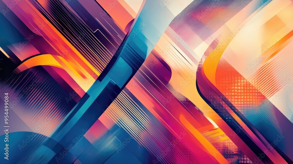 Poster vibrant abstract illustration featuring modern colorful urban elements with smooth lines creating a 