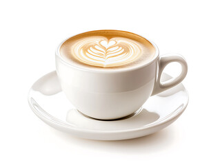 Isolated cup of creamy cappuccino with a heart-shaped foam on a white saucer, perfect for a cozy breakfast or a quick caffeine fix