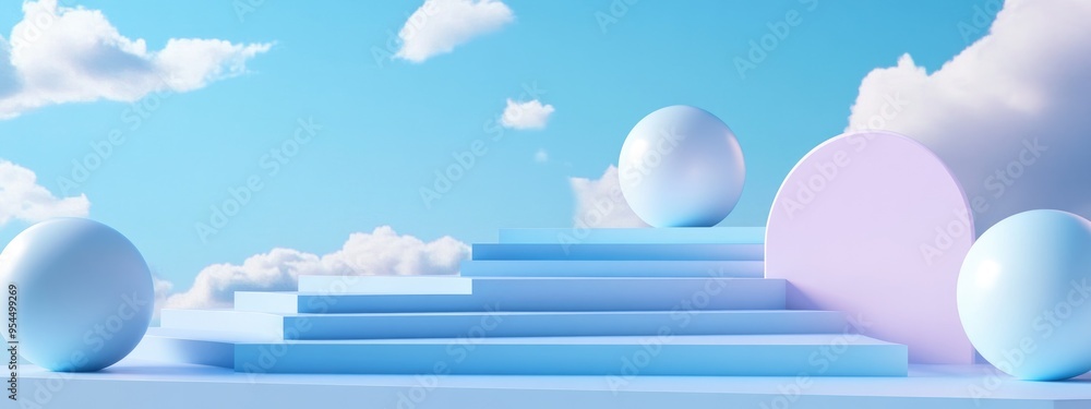 Aufkleber empty podium featuring stairs and geometric shapes in a sky blue pastel arrangement designed for mod