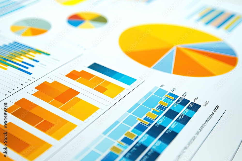 Aufkleber vibrant charts and graphs representing data analysis, featuring pie charts and bar graphs in blue an