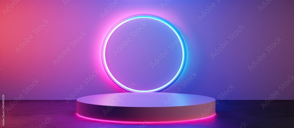 Aufkleber Empty podium surrounded by a gradient neon ring on a backdrop 3D render featuring an abstract scene with a pink and blue neon frame