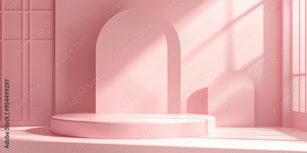 Poster empty podium with geometric shapes in a pink pastel composition for a contemporary stage display and