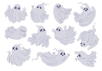 Set of vector illustrations for Halloween, which depicts flying ghosts: frightening, happy, sleeping, scared, unhappy.