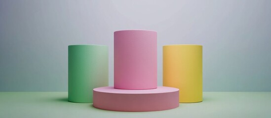 Three colorful cylinders in green pink and yellow on a minimalist podium against a simple background 3D rendering