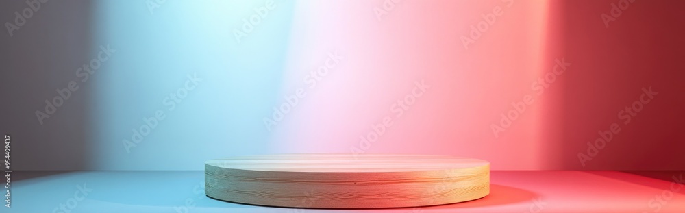 Poster Pastel light red and salmon pink 3D rendering of a minimalistic wooden podium or display stand viewed from above for showcasing nature products