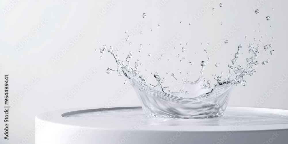 Poster liquid splashing in a white podium isolated on a white background 3d rendering