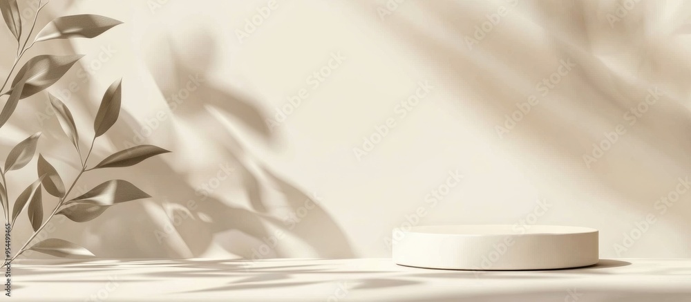 Poster minimalist background featuring leaf shadows on a cream beige wall for product advertising exhibitio