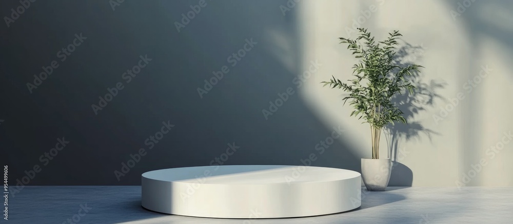 Poster white pedestal against a gray backdrop with ample space for your decorative elements