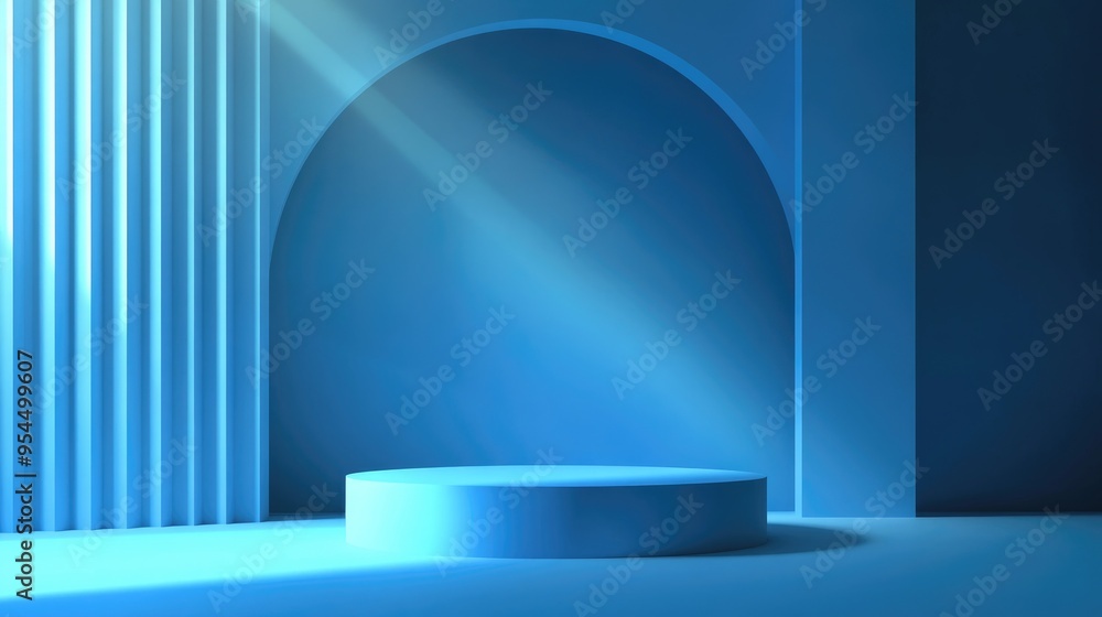 Poster abstract 3d geometric shape on a vibrant blue stage podium in a minimal studio setting illustration 