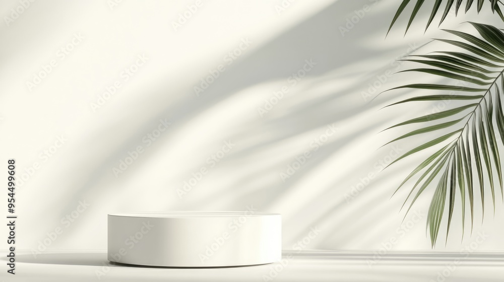 Poster white blank cylindrical podium or pedestal for product display with palm leaf shadows summer theme 3