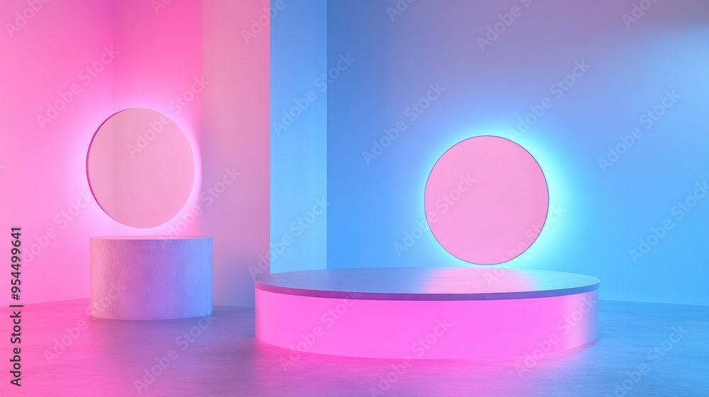 Aufkleber two holographic color podiums with round displays set against a pink and blue light background 3d il
