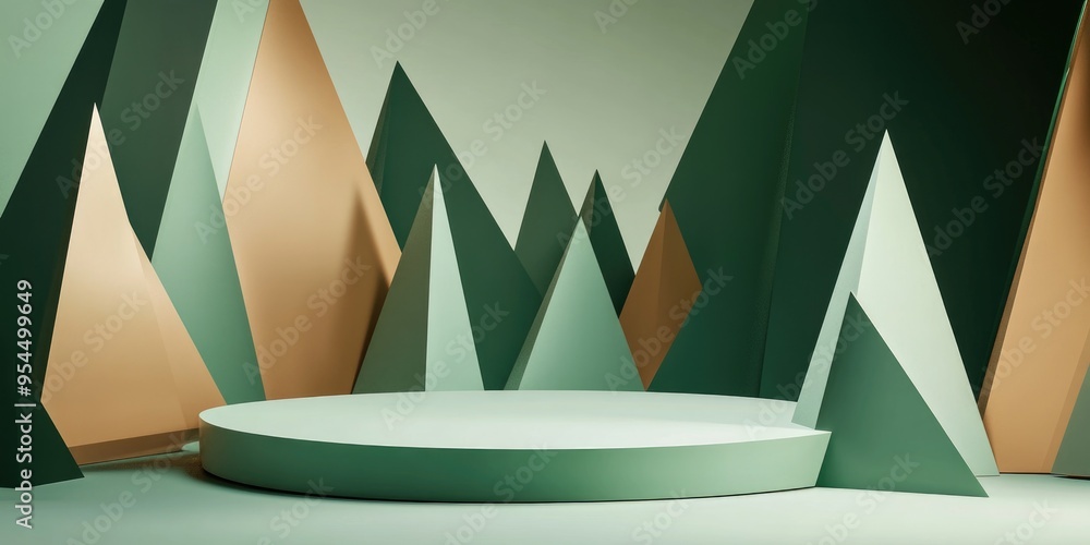 Poster Abstract background in green and brown tones featuring triangular shapes and a pedestal in a 3D rendered illustration