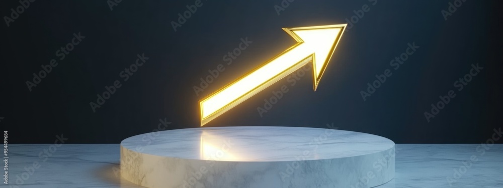 Poster gold glossy location arrow icon on a white marble podium modern symbol for digital platforms present