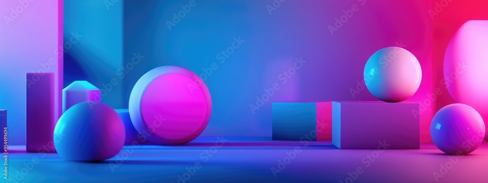 Poster Abstract 3D illustration featuring geometric shapes including circles cones cylinders spheres and cubes for a visually appealing background