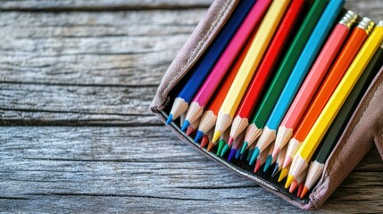 Fototapeta premium Pencil case filled with colorful pencils, lying on a wooden surface, capturing a back-to-school vibe.