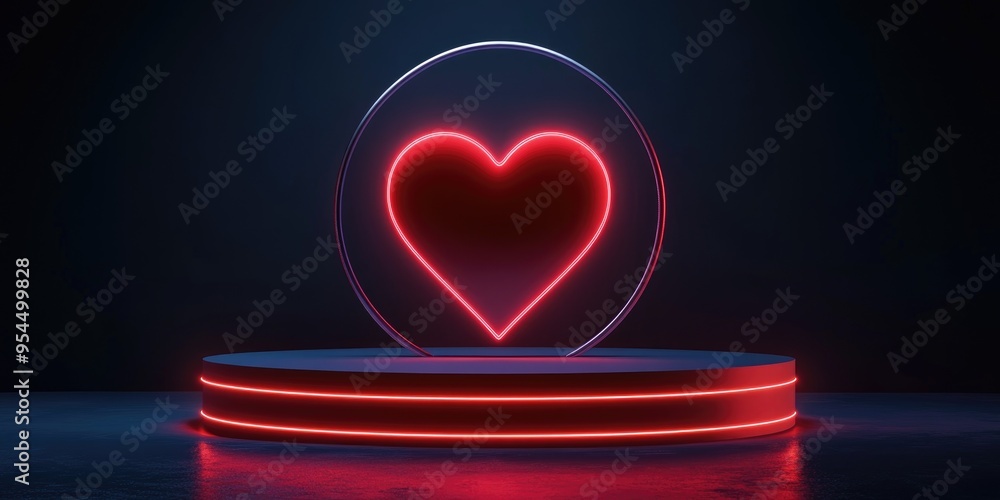 Poster red heart on a podium illuminated against a dark backdrop circular stage designed for showcasing pro