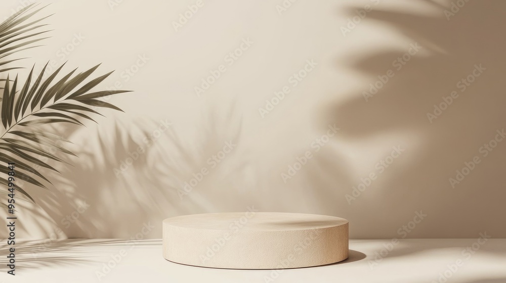 Poster minimal beige podium mockup for product display background empty backdrop with leaf shadows 3d rende
