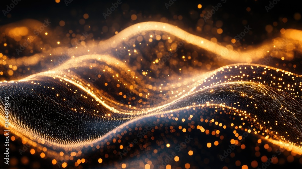 Poster dynamic particles create sound waves over a dark background blurred abstract lights form a stunning 