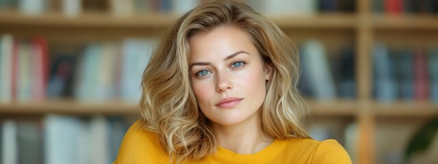  A woman in a yellow shirt stands before a bookshelf Behind her, a bookcase is visible