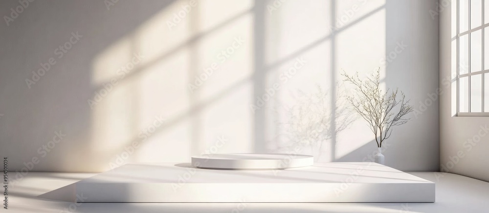 Aufkleber Minimalist display platform with blank white background and natural window light casting subtle shadows designed for showcasing products in an interior setting 3D rendering