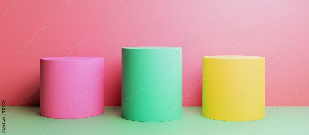 Poster three colorful cylinders in green pink and yellow on a minimalist podium against a simple background