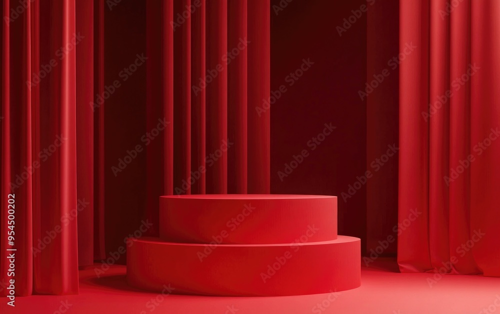 Poster minimalist 3d red cylinder podium set against a studio backdrop abstract geometric shape illustratio