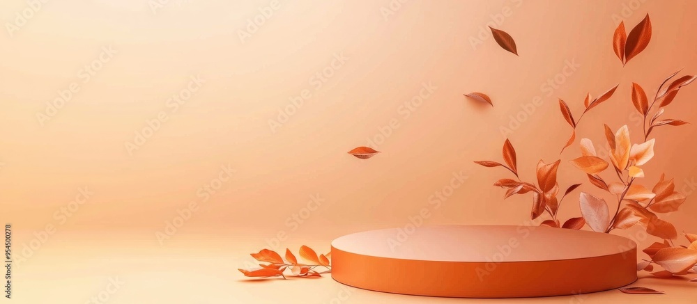 Poster 3d round podium in orange with abstract plant on a pastel backdrop promotion for cosmetic products i