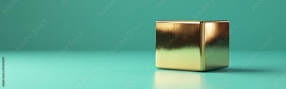 Poster gold cube symbol on a tidewater green background featuring a 3d rendered cube icon for social media