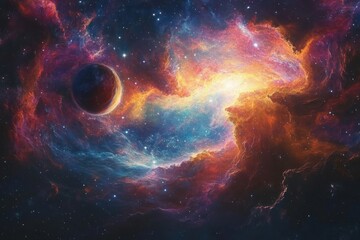 Obraz premium Cosmic Landscape with a Planet and Nebulas