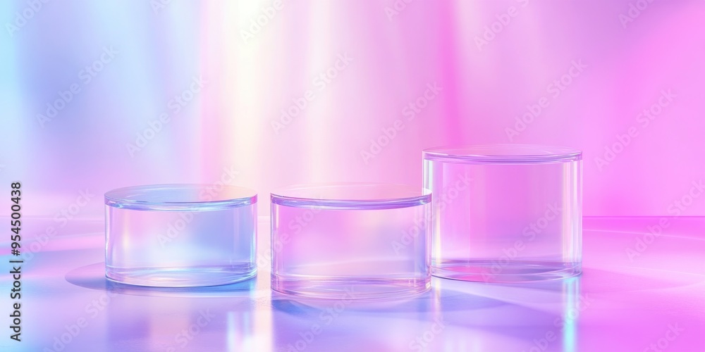 Aufkleber Surreal 3D composition featuring an empty stage with three translucent glass cylinder podiums set against a soft pastel holographic neon backdrop designed for cosmetic product packaging mockup disp