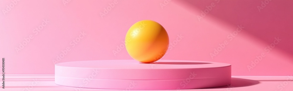 Poster Geometric cosmetic display stand with a yellow sphere on a pink background 3D rendering design