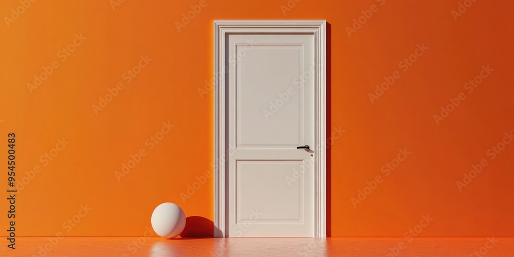 Poster Minimalist door concept representing happiness featuring a ball and wall against an orange background 3D rendering