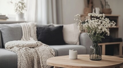Simple Scandinavian living space, gray sofa with soft blankets, a wooden table with fresh flowers in a vase, and minimalist decor elements