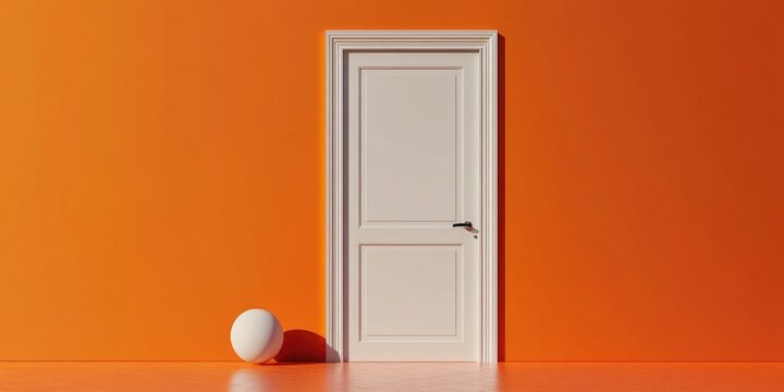 Minimalist door concept representing happiness featuring a ball and wall against an orange background 3D rendering