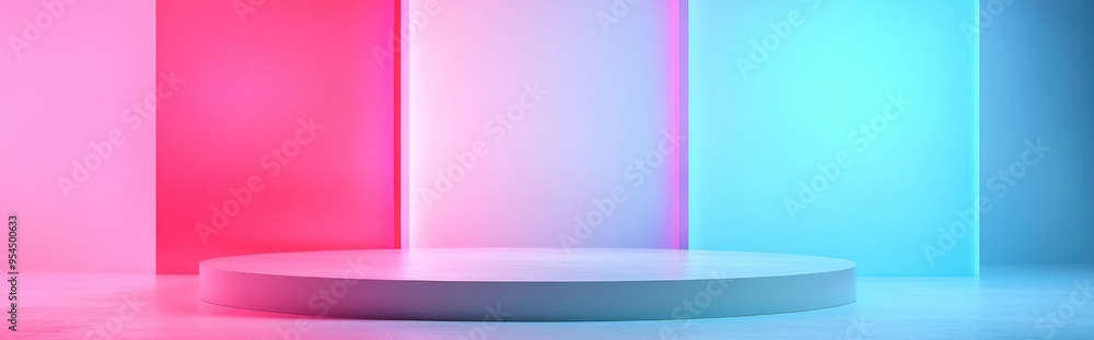 Poster Pink minimalist backdrop with white flooring showcasing a product display stand in 3D render