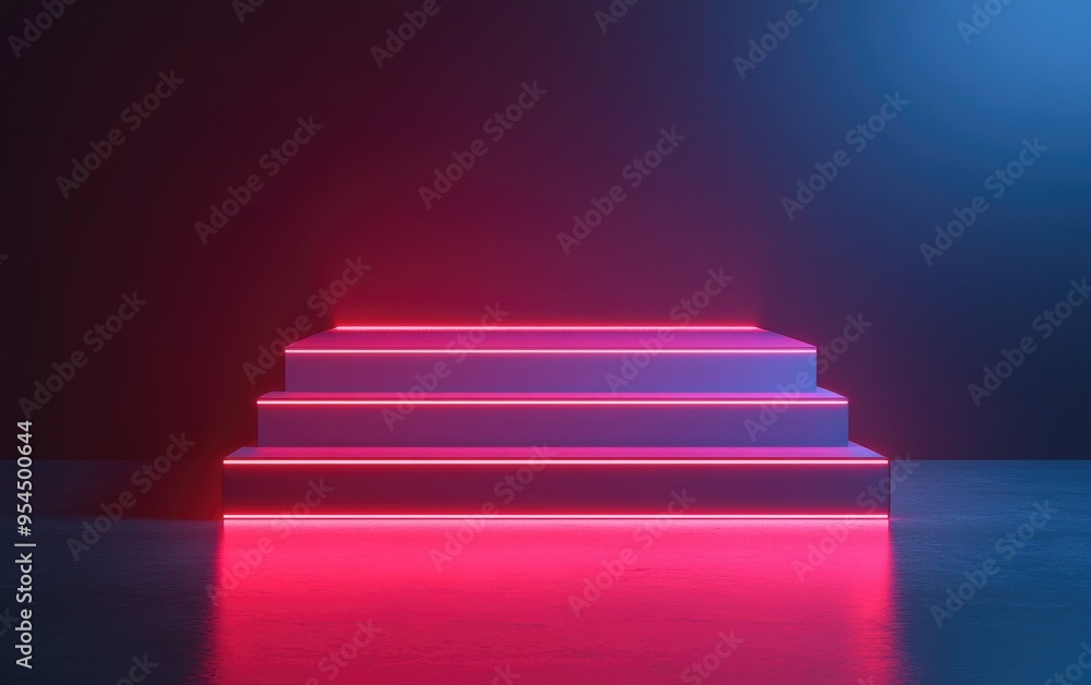 Poster empty stairs platform for display blank cube pedestal on isolated dark background 3d rendering of pr