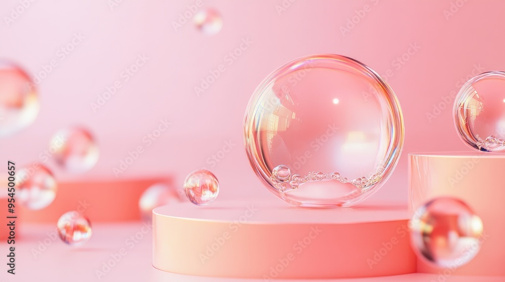 Poster Cosmetics display stand with a spherical design on a pink backdrop 3D rendering of cosmetic bubbles in a defocused setting