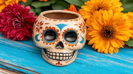 Vibrant day of the dead skull decor