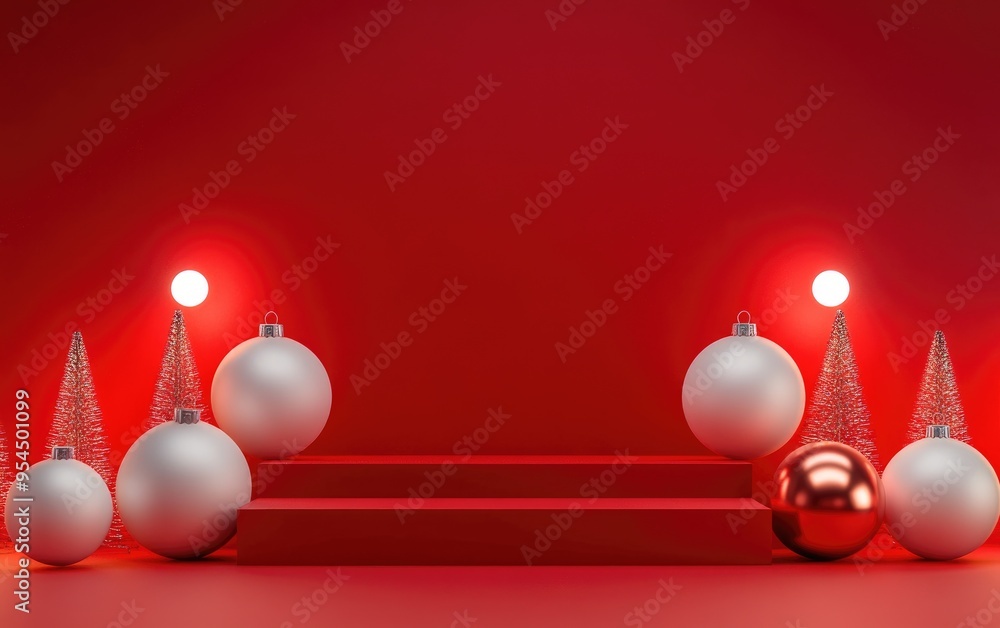 Poster Christmas themed ball decorations arranged on a two step podium with a red background for empty space 3D rendering