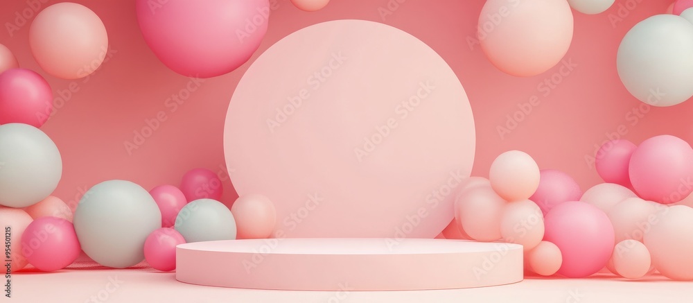 Aufkleber minimal product podium stage adorned with geometric pastel balloons for a presentation backdrop abst